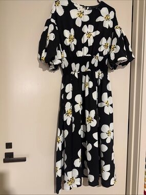 Gracia Black Floral Midi Dress with Smocked Waist